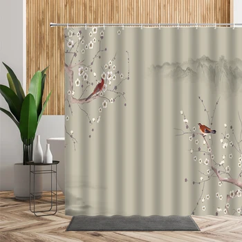 Kinesisk landskabsmaleri badeforhæng Blossom Blomst Fugle, Stof Vandtæt 3D Badeværelse Gardiner Bad Tilbehør 240x180cm