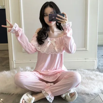 2019 Efteråret Søde Prinsesse Bomuld Pyjamas Sæt til Kvinder med Lange Ærmer Nattøj Piger Søde Blonder Homewear Pijama Mujer Tøj