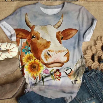 Plus Size Kvinder kortærmet 3D Animal Trykt t-shirts kortærmet Sommer Tees Toppe Tøj O-Neck Tops Tee T-Shirt