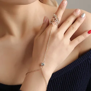 Luokey Guld Farve Rhinsten Armbånd Armbånd Med Finger Ring For Kvinder Mode Kæde Blad Armbånd Smykker Pulseras Mujer