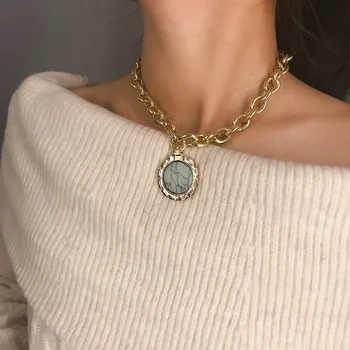 Engros 2019 Kvindelige Mode Smykker Golden rustfrit stål metal retro geometri Sten Halskæde Til Kvinder