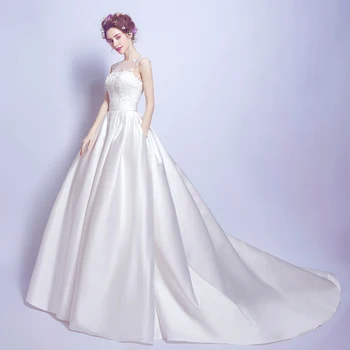 2017 nyt materiel plus size kvinder brudekjole brudekjole balkjole længe store hale enkel luksus satin lace hvid prinsesse 2097