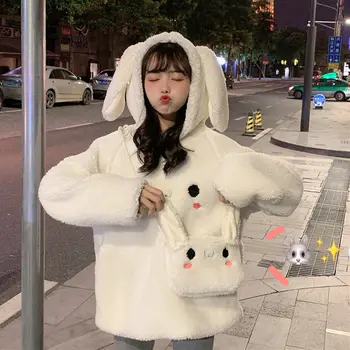 [gavepose] efterligning cashmere sweater kvinder ' s nye vinter cashmere fortykket studerende hætteklædte kanin øre jakke