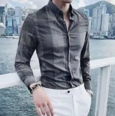 Langærmet skjorte mand nye unge slanke mænd grid business casual kvalitet skjorte mand G-38
