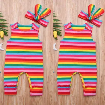 Søde Spædbarn Nyfødte Baby Piger Rainbow Buksedragt Sparkedragt +Pandebånd Tøj Tøj
