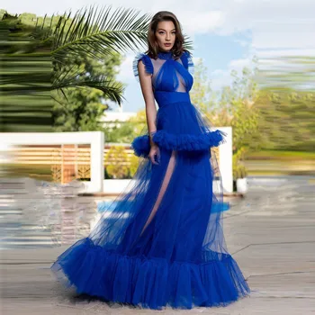 Illusion, Halterneck-Stil Bustier Ruffled Tyl Kjole Royal Blue brudepige Kjole Sexet Split Tyl Lange gallakjoler vestidos de fiesta