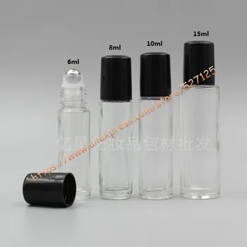 6ml 8ml 10ml 15 ml klart glas flaske med stål rulle+sort plast låg,makeup - /roll-on/æterisk olie/parfume/deodorant flaske