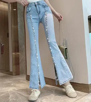 Fashionable nye tunge industri beaded-og diamond-split elastisk stretch slim jeans, wide-ben blusset bukser