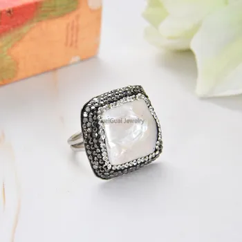 GuaiGuai Smykker Naturlige Hvidt Square Mønt Pearl Black Macersite Hvid Guld Farve Forgyldt Ring