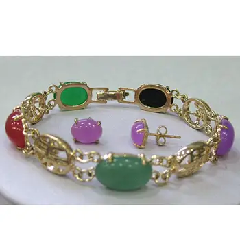 Gratis Forsendelse Fantastisk Flerfarvet Jade Smykker armbånd armbånd, øreringe sæt jade