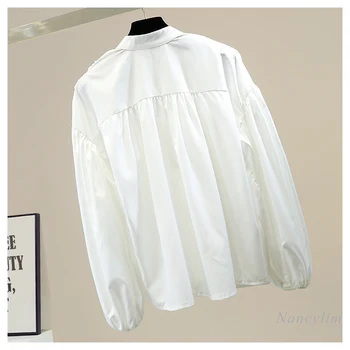 Lanterne Ærmet Bluse Kvinder Plisserede Syning Bånd Stor Bue Løs Shirt Lady ' s All-Matchende Mode Toppe Hvid Sort Blusas