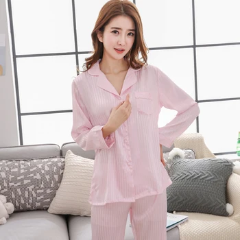 Pajama kvinde sommer, to sæt af foråret efteråret lange ærmer efterligning silke tynd cardigan med revers koreanske version afslappet hjem bære