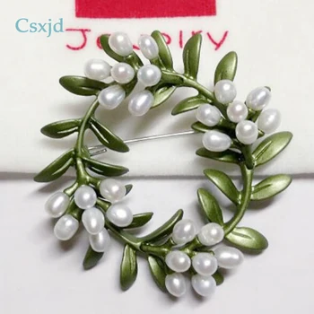 CSxjd Naturlige ferskvands perler Metal kobber Krans form grønne blade Vintage Brocher Kvinder brocher Brude bryllup tilbehør