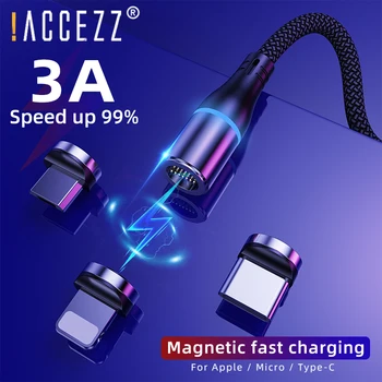 !ACCEZZ Magnetisk USB-Kabel 3A Hurtig Opladning 1M Belysning Til IPhone-Type C Magnet Oplader Data Gebyr For Xiaomi Samsung Opladning
