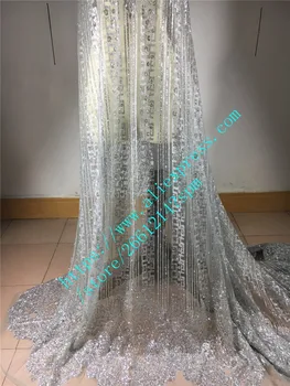 Fashionable 5yards afrikanske broderi limet print glitter tyl mesh stof hot salg med pailletter glitter til party dress