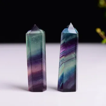 Naturlige Fluorit Crystal Farverige Stribet Satin 4-7cm Kvarts Krystal Sten Punkt Healing Sekskantet Wand Behandling Sten