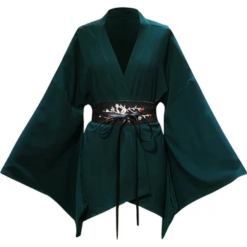 Mode Grøn V-neck Cardigan Trompet Ærmer Chiffon Skjorte Forår Sommer Kvinders Kimono 2020 Ny koreansk Løs Top G235