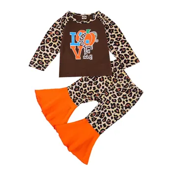 2 Stykker Baby Piger kostumer, der er Lange Ærmer med Leopard Print Runde Elsker Print T-Shirt Blusset Bukser Patchwork 1-5Y