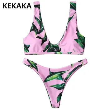 KEKAKA Kvindelige Pink Blad Print Brazilian Bikini Sæt 2017 Sexet Push Up Badetøj Kvinder Fræk Pige Badedragt Biquini maillot de bain