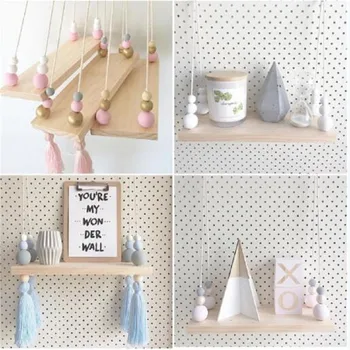 Baby Nordic Original Wooden Beads Wall Decorative Shelves With Pearl And Tassel Nursery Baby Room Clothes Organization Hooks