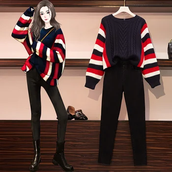 Stor størrelse L-4XL damer vinter mode passer tyk stribe sweater sorte bukser to pc ' er, tøj sæt fritid strikkede dragter outfit