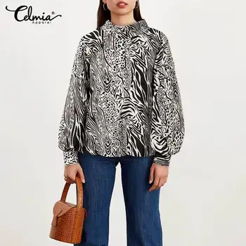 Celmia Fashion Animal Print Shirts Kvinder Casual Satin Bluser 2021 Efteråret Langærmet Tunika Toppe Revers Kontor Blusas Femininas
