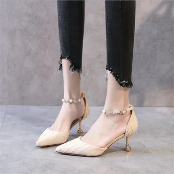 Høje hæle 2021 nye stof, spids tå mode rhinestone et ord spænde stiletto hæl professionelle kvinder mode sko