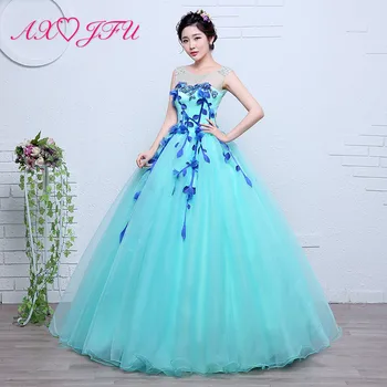 AXJFU luksus prinsesse blå lace aften kjole vintage o hals perlebesat blomst ærmer bolden kjole fase brud blå kjole til aften