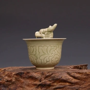 Sang Yaozhou ovnen udskåret drage, pæon mønster, hane cup, antik porcelæn