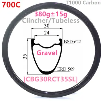 [CBG30RCT35SL] 380g carbonbeam Symmetrisk 30x35 indre 24mm 700C Grus CX Vej Clincher Slangeløse kompatibel carbon hjul