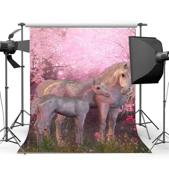 Fotografering Baggrund Unicorn Drømmende Verden Eventyr Cherry Blossom Blomster Pink Blomster Græs Felt Landskab Baggrunde