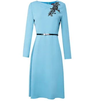 Kontor dame Mode Solid kjoler 2021 Efterår Forår afslappet Lys blå kjole kvinders slanke patchwork Plisserede luksus-O-hals nederdel