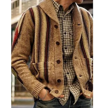 Sweater Mænd V-Hals-Knappen Strikket Slim Fit Pels Cardigan Stribet Sweater Mandlige Efteråret Vintage Casual Toppe