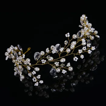 Guld hairbands bryllup tiara perle bryllup crown 28cm pandebånd brude hår tilbehør, hoved smykker bryllup hår tilbehør