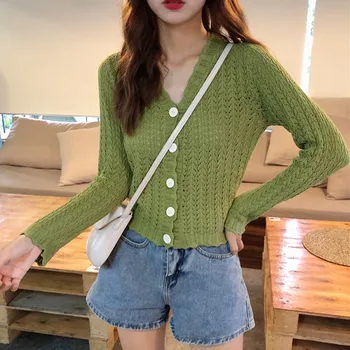 Koreanere Efteråret Sweater Kvinder V-hals Langærmet ensfarvet Trøje Slim-Knappen Hule Strik Cardigan Hot