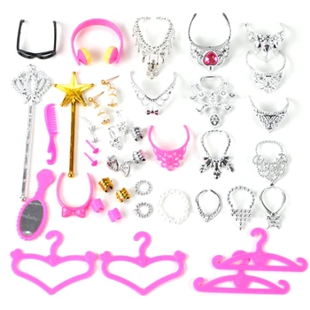 38pcs/sæt Barbie Dukke Tilbehør Simulering smykker Halskæde Crown Øreringe Pink Strop Spejl, Kam Til Barbie Dukke Legetøj