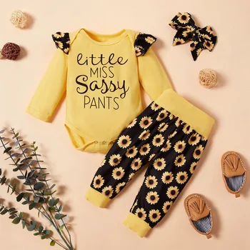 2020 Hot Nye Sælge Toddler Baby Pige Tøj Flæsekanter Romper Buksedragt Blomst Lange Bukser Outfit Sæt Luksus Baby Tøj