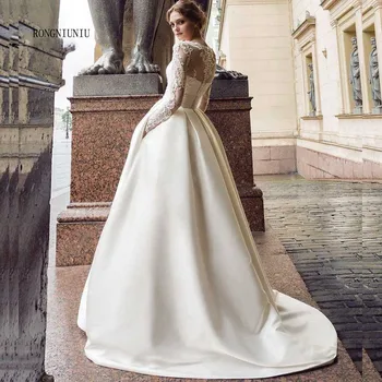 2019 Nye Beskedne Lange Ærmer brudekjoler Tyrkiet Scoop Satin Applicerede A-line Brudekjole med Lommer Vestidos de Novia