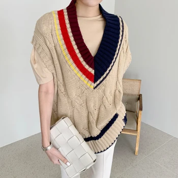 Kvinder Strikker Veste Kontrast Farve Løs Efteråret V Hals Trøjer Retro Koreanske 2020 Damer Pullover Sweater Mujer Sueteres Mode
