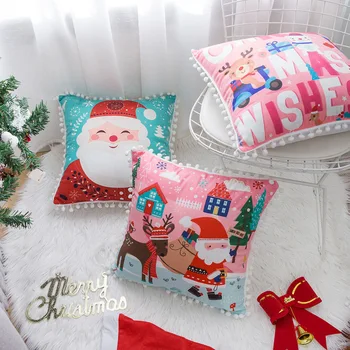 Velvet Jul pude dække med pom pom Santa Claus pudebetræk 45X45cm Julegave sofa bil dekoration snefnug