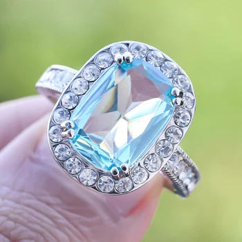 Klassisk Firkantet Vand Blå Crystal Ringe til Kvinder Rhinestone Mosaik Par vielsesringe Damer Ring Luksus Smykker Gave H886