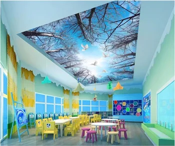 Brugerdefinerede foto 3d loft vægmalerier wall paper HD tørt træ art blue sky-skov hvide skyer 3d vægdekorationer tapet til stuen