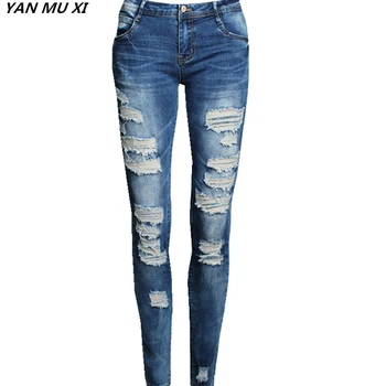Brand YANMUXI 2017 Mode Europa og Usa fine stræk bomuld hul blyant jeans I taljen Slim jeans Plus størrelse