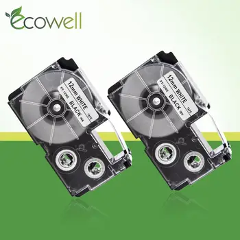 Ecowell 2stk 12mm Printer Bånd XR12WE XR-12WE XR 12WE kompatibel for KL-750 KL-60 KL-60SR KL120 KL-100 CW-L300 EZ Label Maker