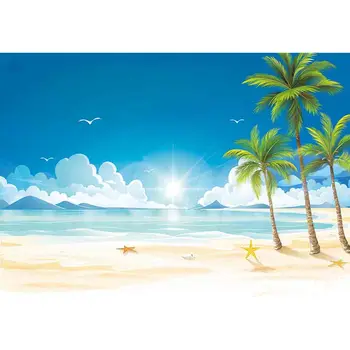 Allenjoy baggrund blå himmel lyse skyer over havet stranden måge coconut tree sommer rejser ferie udendørs baggrund for foto