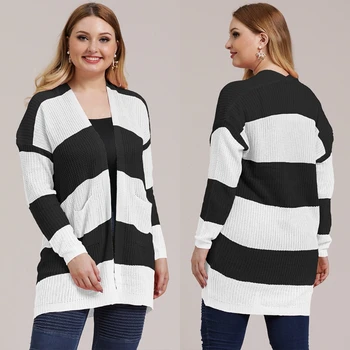 Kvinder Plus Size Efteråret Åben Front Cardigan Colorblock Sort Hvid Stribet Sweater med Lange Ærmer Strikket Outwear med Lommer XL-3X