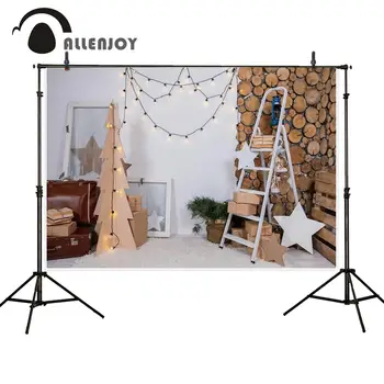 Allenjoy Jul fotografering baggrund indendørs træ runde træ væg stigen lys gave dekoration foto baggrund photobooth