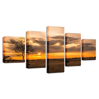 HD Modulære Plakat Lærred Billeder 5 Stykker Træ Solnedgang Natur Maleri Til stuen Wall Art Prints Dekoration