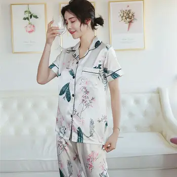 Kvinders Pyjamas To-stykke Forår, Sommer Kort-langærmet Strække Simulering Silke Kvinders Tynd Cardigan Søde Bukser Silke Pyjamas