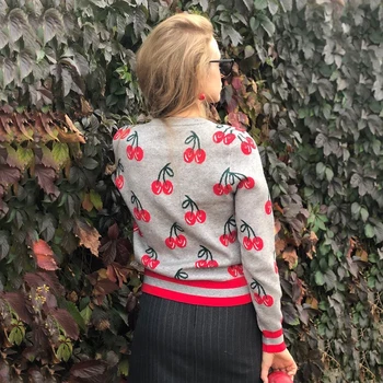 Søde Kirsebær Jacquard Sweater, Trøjer Damer Smart Langærmet Bluse Strik Top Nye Mode Kvinder Efteråret Og Vinteren